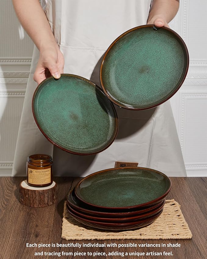 Ceramic Dinner Plates Set of 6, 10 Inch Handmade Reactive Glaze Stoneware Plates, Modern Rustic Dinnerware, Microwave & Dishwasher Safe, Scratch Resistant-Brown and Green