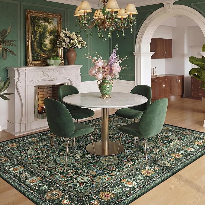 Dark Green Rug 4x6 Area Rug with Non-Slip Backing, Washable Rugs for Bedroom Living Room Kitchen, Distressed Carpet Printed Low-Pile Soft Dorm Rug Room Decor
