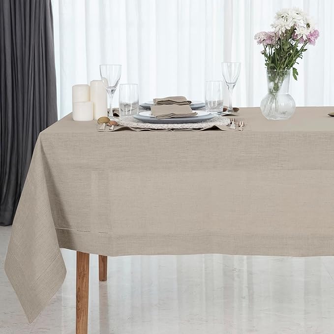 D'Moksha Homes Natural Linen Tablecloth for Rectangle Tables 60 x 140 Inch - Classic Hemstitch 100% Pure Linen Natural Tablecloth - Machine Washable Cloth Table Cloth for Valentines, Spring, Easter
