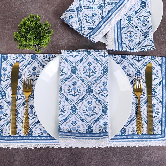 FINGERCRAFT Dinner Cloth Napkin Cotton Linen Blend 4 Pack Mitered Corners with Elegant Lace for Everyday Use Napkins are Pre Shrunk and Good Absorbency (Damask, 20in x 20in)