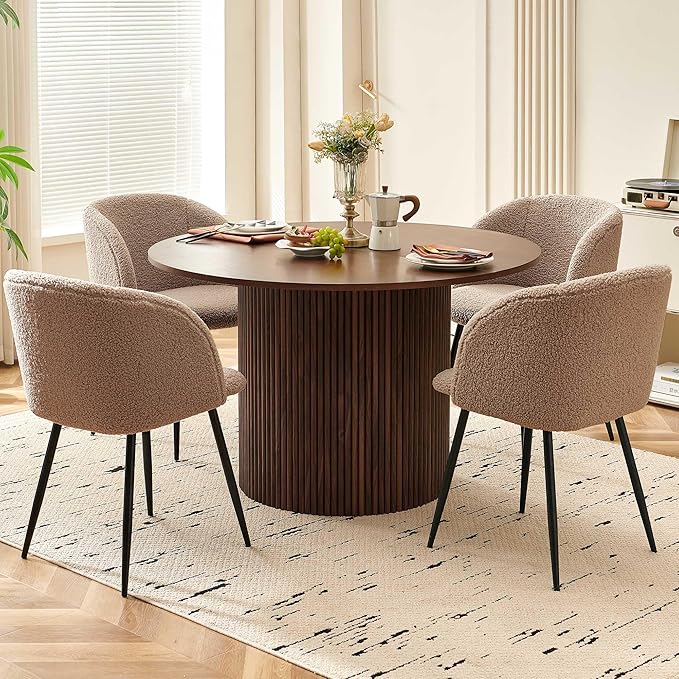 47" Round Dining Table for 4, Modern Farmhouse Wood Veneer Top with MDF Striped Base, Kitchen & Dining Room Tables - Walnut Color