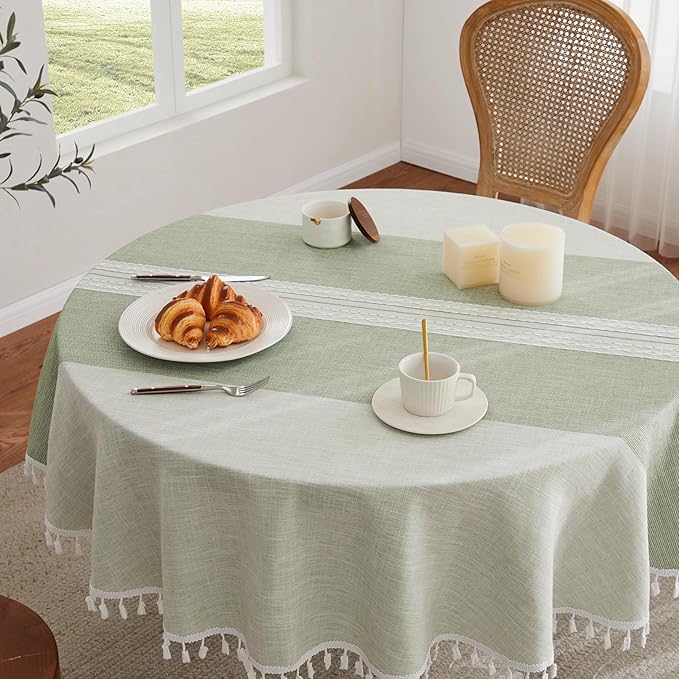 ZeeMart Contrast Linen Round Tablecloth 60 Inch Mid-Stripe Green, Farmhouse Style Round Table Cloth Heavy Weight Sage Green Tablecloths, Water Resistant Burlap Table Cloths
