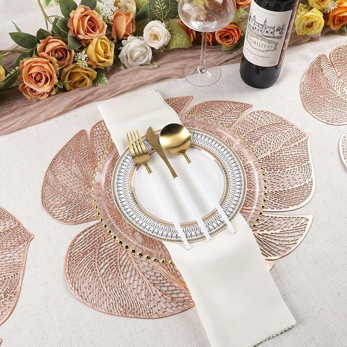 Evevda Rose Gold Leaf Shaped Vinyl Placemats for Dinner Table Set of 6 Metallic Plastic Place Mats Wipeable 6Pcs Table Mats for Wedding Annersary Dinner Table Decoration Mats(17.7x13.8inch/45x35cm)