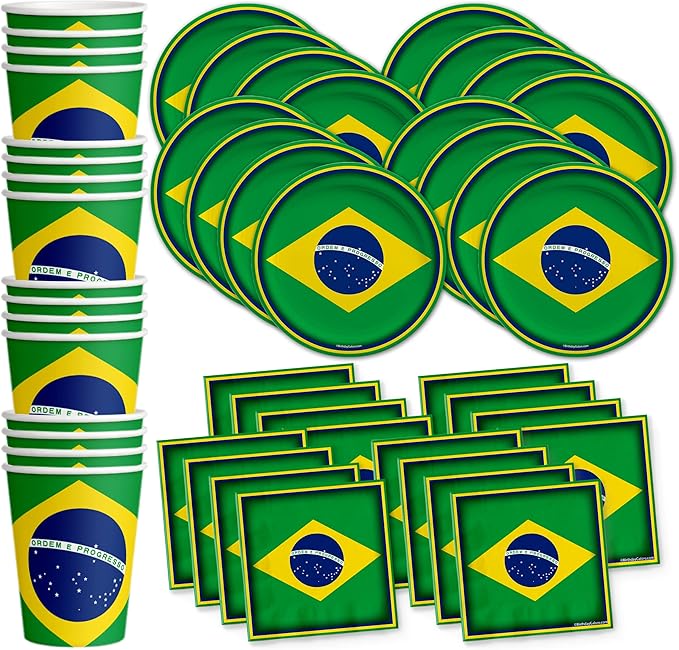 Brazil Flag Birthday Party Supplies Set Plates Napkins Cups Tableware Kit for 16