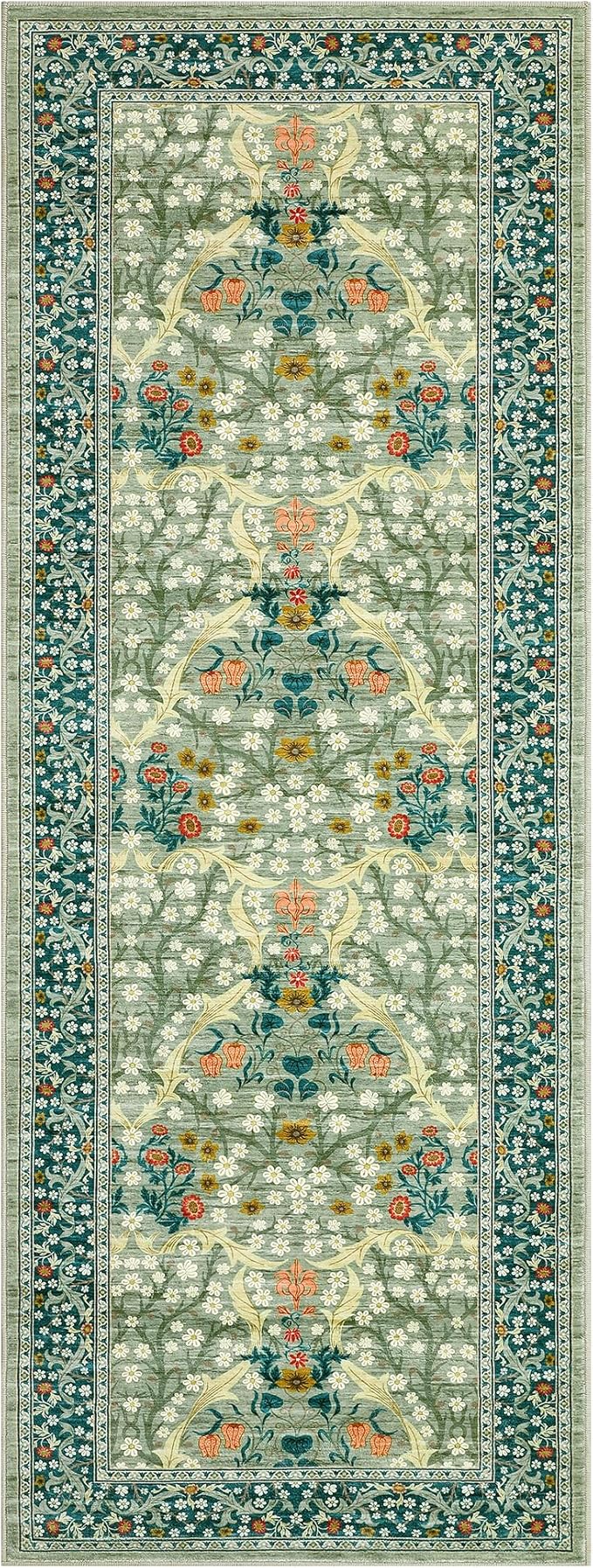 GarveeHome Floral Hallway Runner Rug Non-Slip, 2.5x10 Washable Rugs Ultra-Thin Soft Rug for Hallways, Kitchen Mat Stain Resistant Carpet for Entryway Bathroom, Sage Green