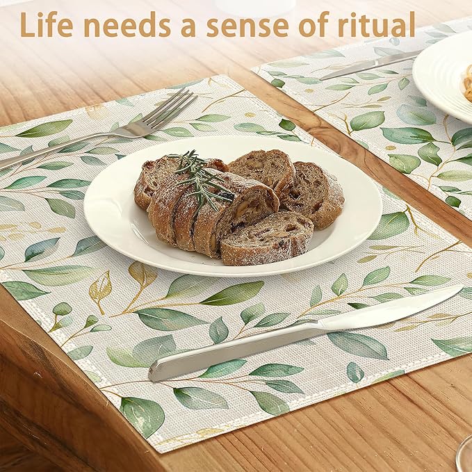 Placemats12x18 Inch,Eucalyptus Leaves Placemats,Sage Green Leaf Kitchen Dining Coffee Table Mats Set of 6 for Home Indoor Outdoor Party