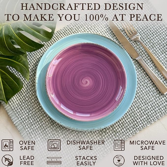 MORA Ceramic Helix Swirl Dinner Plates Set of 6, 10in Modern Spiral Porcelain Dish Dinnerware for Kitchen, Serving & Restaurants - Dishwasher, Microwave, Freezer, Oven Safe Dishware - Ocean Colors