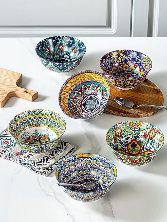 HENXFEN LEAD Boho Cereal and Soup Bowls Set of 6 – 24 oz Colorful Ceramic Bowl for Kitchen, Perfect for Oatmeal, Pasta, Salad, Dessert, Fruit – Microwave & Dishwasher Safe