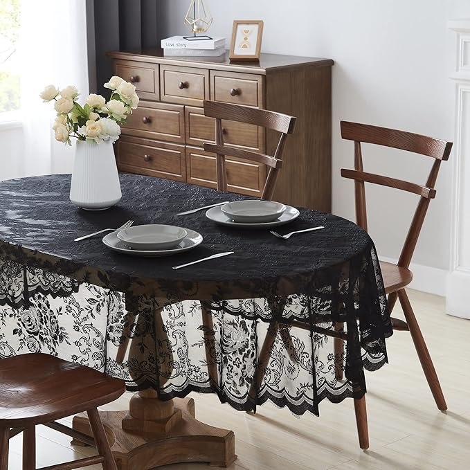 Warm Home Designs 60 x 84 Lace Tablecloth. Black Oval Tablecloth with English Rose Design. Oval Table Cloth, Rustic Tablecloth or Dining Table Cover for 6-8 Guests. LTC Black Oval 84"