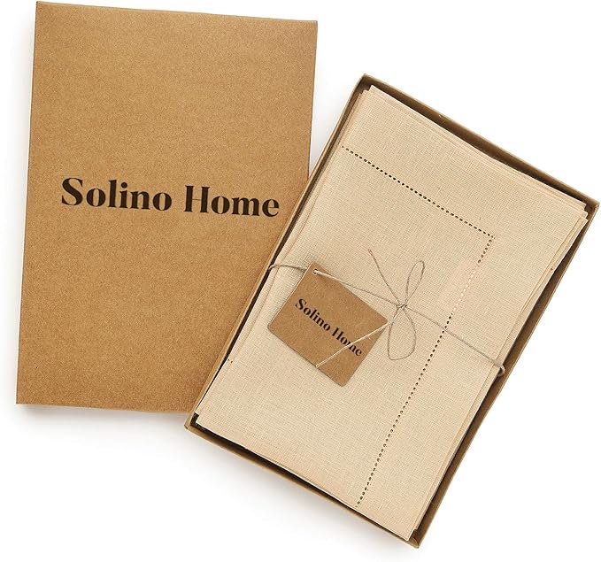 Solino Home Linen Napkins Set of 4 - Classic Hemstitch 100% Pure Linen Beige Dinner Napkins Cloth 20 x 20 Inch for Spring, Easter - Handcrafted and Machine Washable