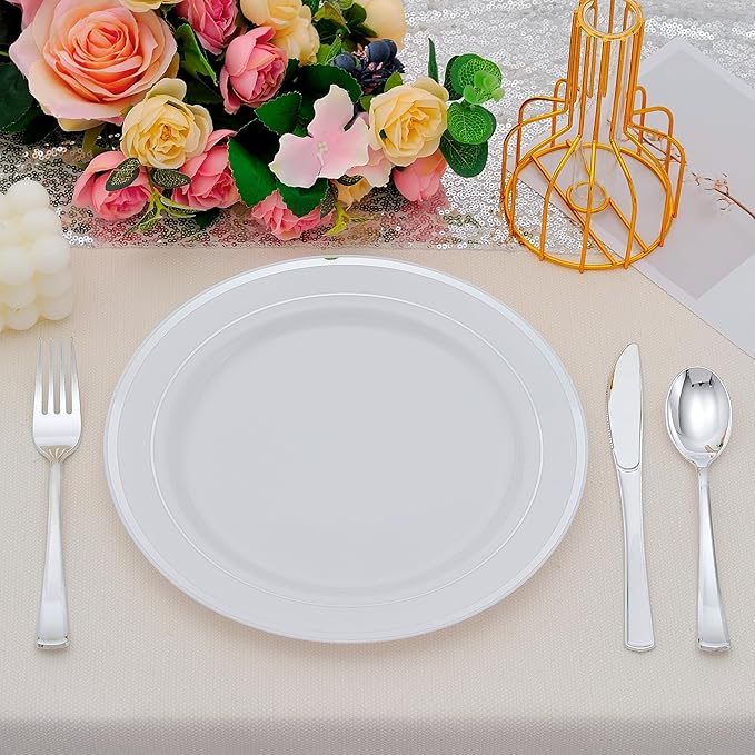 50 PCS Silver and White Plastic Plates for 50 Guests,10.25inch Silver Rimmed White Disposable Plastic Plates for Wedding,Party,Birthday,Smooth Edge & Heavy Duty Dinner Plate