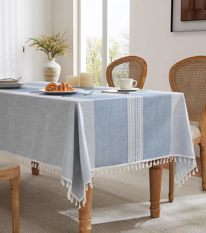 ZeeMart Contrast Linen Table Cloth Rectangle Table Cloths 52x70 Inch Mid-Stripe Blue, Farmhouse Style Heavy Weight Dusty Blue Tablecloth, Water Resistant Burlap Tablecloths