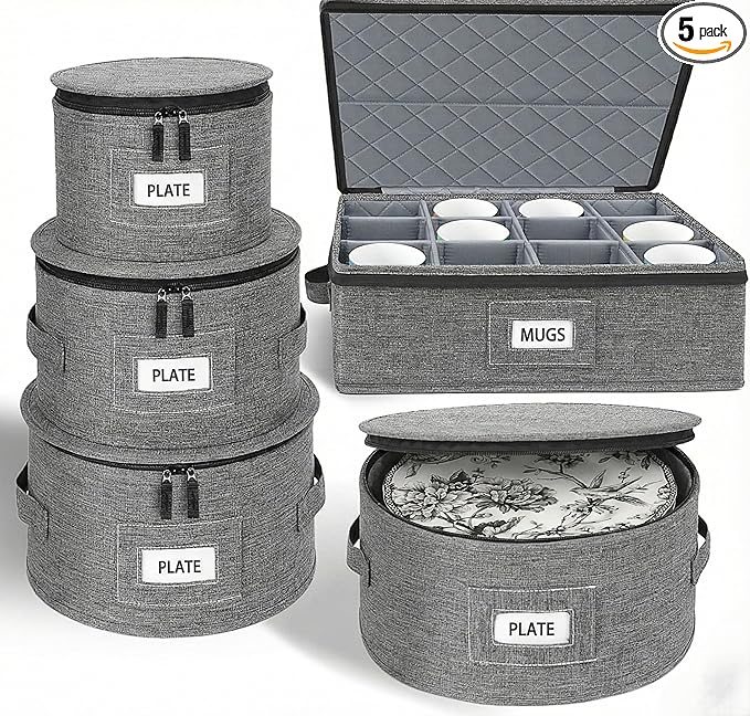 Cirhy China Storage Containers 5-Piece Set - Reinforced Hard-Sided Moving Boxes for Dinnerware, Fine China, Stemware & Mugs - Sturdy Quilted Dish Packing Protectors with Dividers (Service for 12)