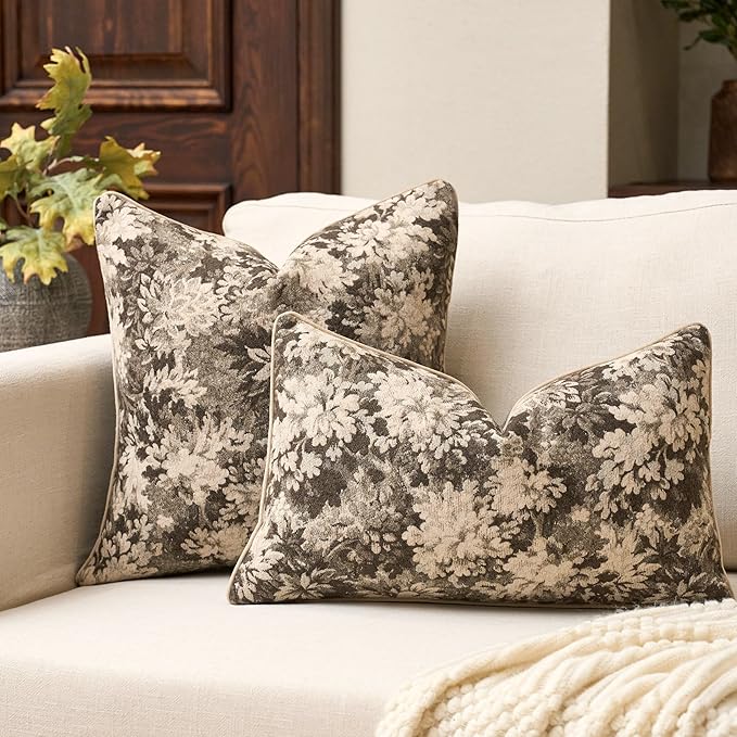 Yangest Neutral Floral Pillow Cover 24 x 24 Inches, Vintage Chenille Square Throw Pillow Cover Soft Decorative Farmhouse Accent Couch Pillow Cover for Living Room Bedroom, Grey
