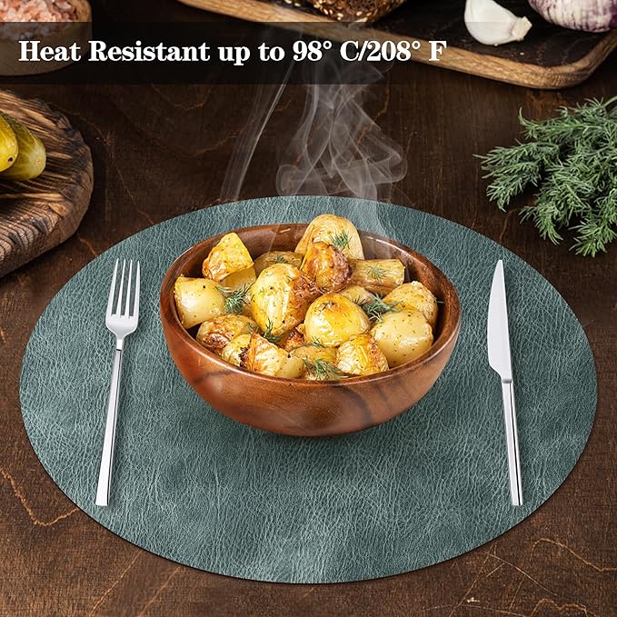 Round Placemats and Coasters Set of 6, Washable Reversible Faux Leather Placemats Cowhide Pattern Place Mats Wipeable Non-Slip 15 inch Round Kitchen Dining Table Mats (Gray Blue Green, 6)