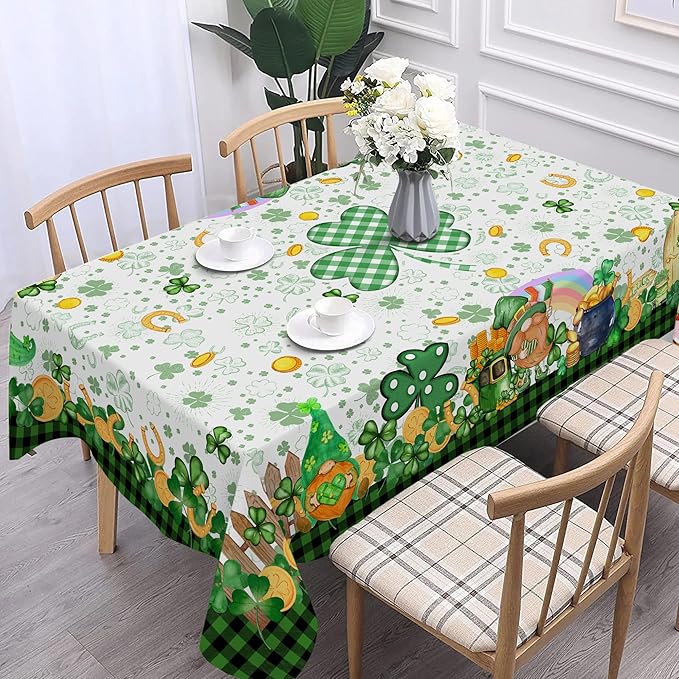 St. Patrick's Day Round Tablecloth, 70 Inch with Shamrock Gnome, Buffalo Check Plaid Kitchen Table Cover for Dining Room Indoor Decor