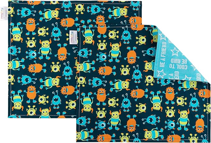 Funkins Reusable Cloth Placemats for Kids & Lunch Boxes | Reusable, Eco-Friendly | 15"x13", 2-ply, Thick, Absorbent, Machine Washable | Set of 2 Placemats (Monsters)