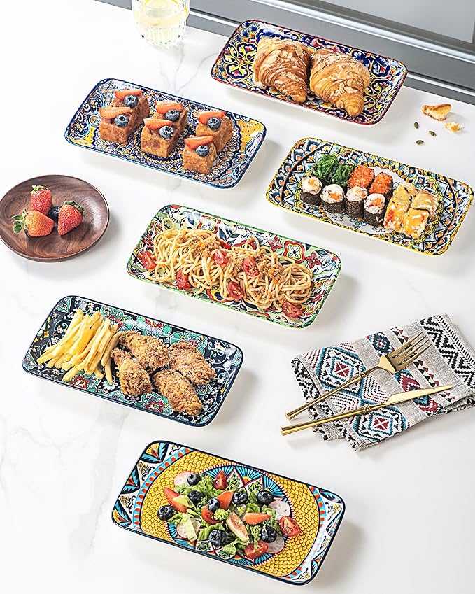 HENXFEN LEAD Boho Ceramic Dinner Plates 10 Inch – Large Rectangular Serving Plates Set of 6 for Salad, Sushi & Main Dishes, Microwave & Dishwasher Safe