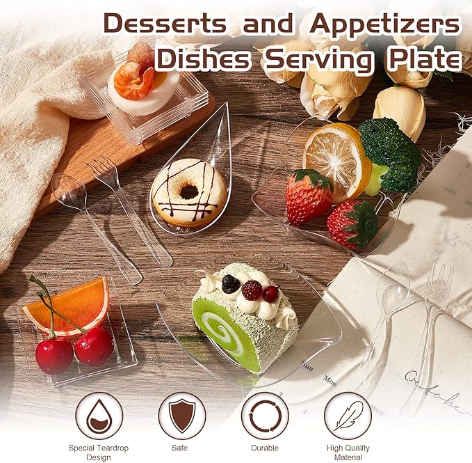 Tessco 800 Pcs Mini Appetizer Plates Set Including 400 Disposable Dessert Plates Assorted Shape 200 Mini Plastic Forks 200 Plastic Spoons for Party(Clear,Classic)