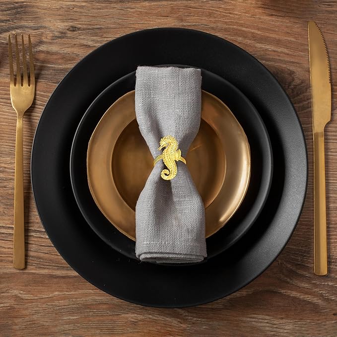 Decozen Set of 12 Gold Napkin Rings in Sea Horse Design, Festive, Table Decor Setting for Holiday, Wedding, Birthday, Kitchen, Home Decor, Housewarming Gift - Mothers Day Decorations