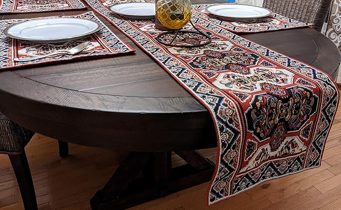 DaDa Bedding Majestic Red Kilim Rug Dining Table Placemats - Set of 4-Pieces Tapestry Cotton Kitchen Mats Royal Persian Tradtional Design - Elegant Intricate Multi-Colorful Floral Ornate - 13” x 19”