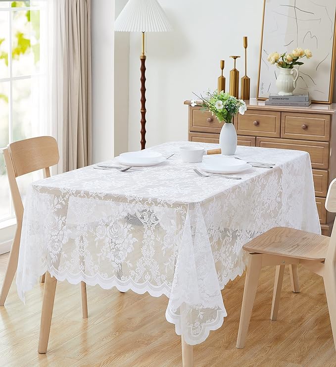 Warm Home Designs 54 x 72 Lace Tablecloth - White Rectangular Tablecloth with English Rose Design - Rustic Dining Table Cover for 6-8 Guests - LTC White 72