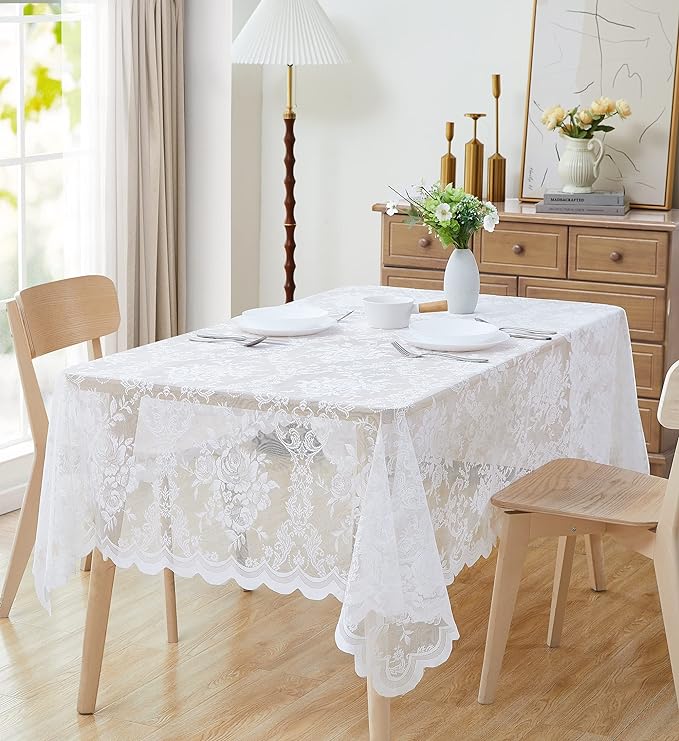 Warm Home Designs 60 x 84 White Rectangular Lace Tablecloth with English Rose Pattern. Rustic Dining Table Cover for 6-8 Guests. LTC White 84