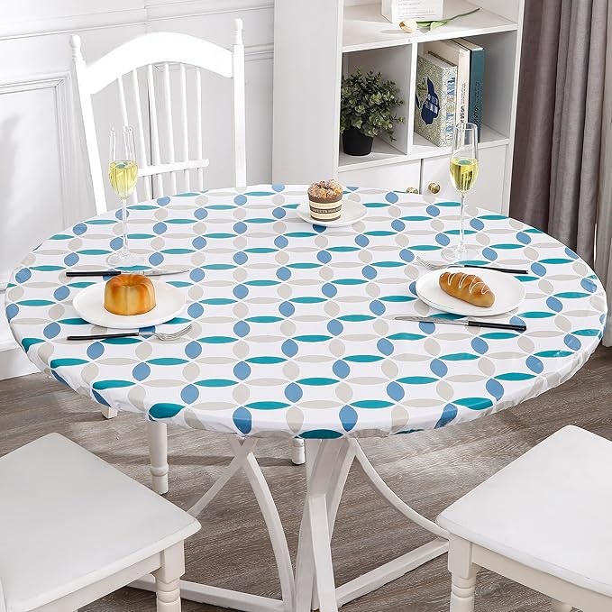 Walrus Round Vinyl Fitted Tablecloth with Flannel Backing Elastic Edge Design Table Cover Waterproof Oil-Proof PVC Table Cloth Stain-Resistant Best for 45"-56" Round