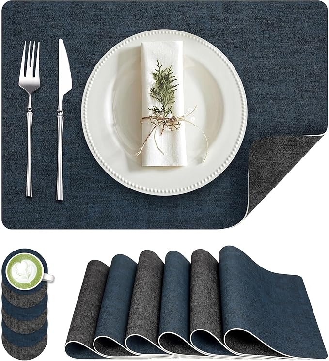Placemats Set of 6, Faux Leather Heat Resistant Wipeable Placemats, Dual Sided Waterproof Washable Table Mats with Coaster, Suitable for Kitchen, Dining, Table Decor (6, Black Navy Blue)