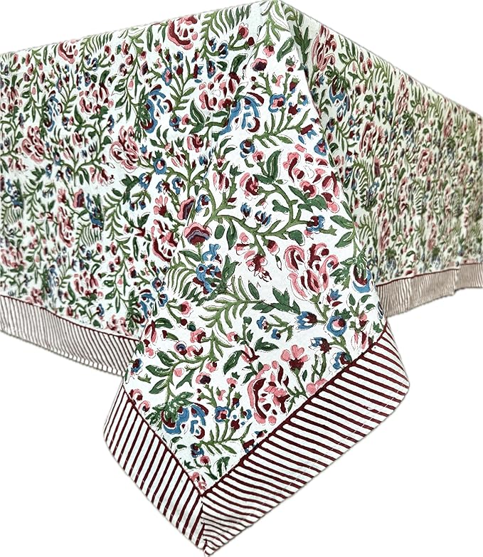 ATOSII Ambrosia 100% Cotton Square Boho Spring Summer Tablecloth, Handblock Floral Table Cloth Linen for Kitchen Dining Parties Wedding Outdoors Easter I 60 X 60 Inches I 4 Seater