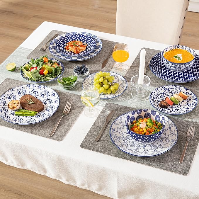 Sweejar 24 Pieces Ceramic Dinnerware Sets, Handmade Plates and Bowls Sets, Highly Scratch Resistant Dishes Set for Kitchen,Porcelain Dishwasher & Microwave Safe Dishes Set,Service for 8 (Vintage Blue)