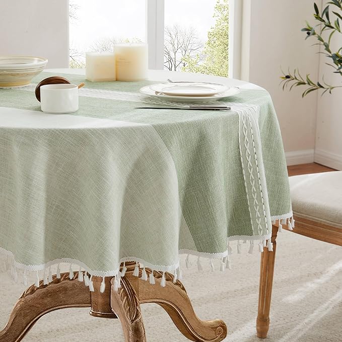 ZeeMart Contrast Linen Round Tablecloth 60 Inch Mid-Stripe Green, Farmhouse Style Round Table Cloth Heavy Weight Sage Green Tablecloths, Water Resistant Burlap Table Cloths