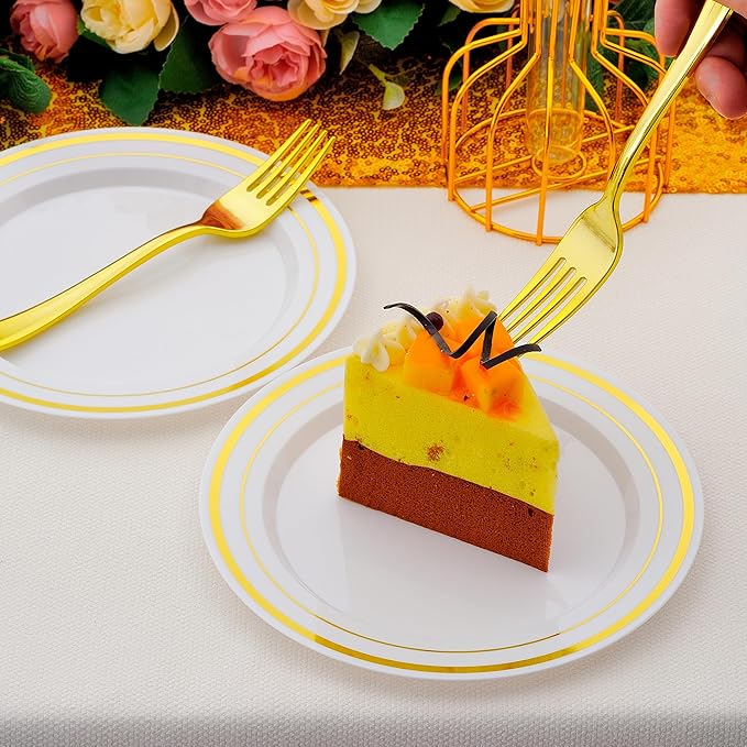 120pcs Gold Dessert Plates with Forks for 60 Guests-60pcs 7.5" Small Plastic Dessert Plates and 60pcs 7.4" Forks-Disposable Cake/Appetizer/Salad Plate for Wedding,Birthday and Party