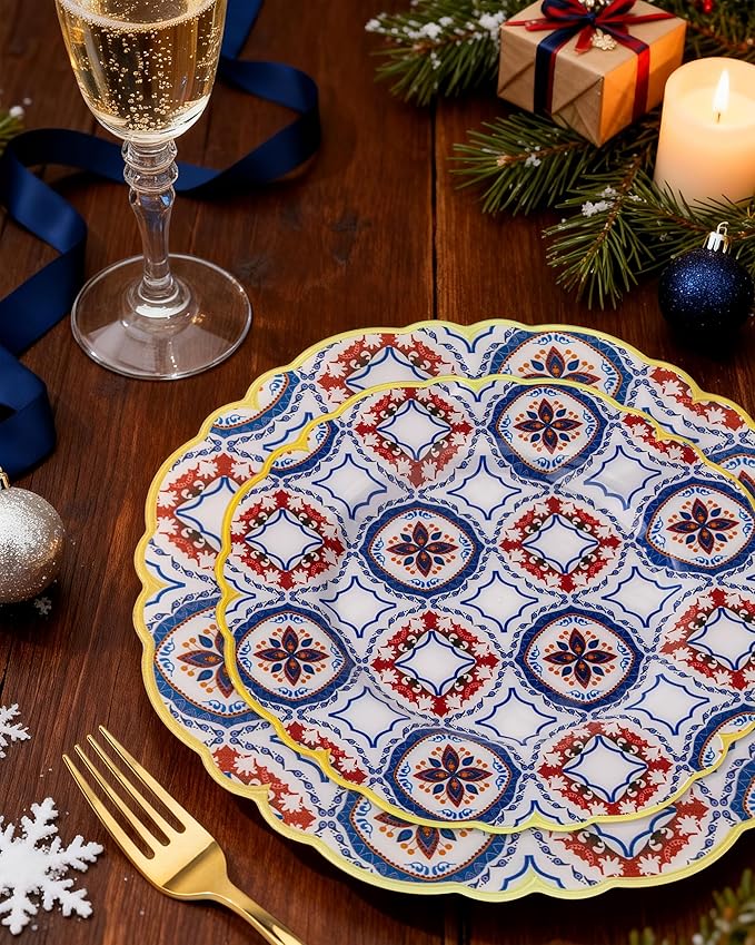 Morejoy 60pcs Plastic Disposable Plates Set - White Plastic Plates Featuring Classic Blue & Red Kaleidoscope Patterns With Gradient Gold Trim.10.25 Dinner Plates & 7.5 Dessert Plates for Wedding,Party
