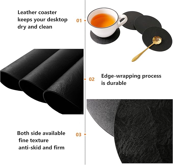 Embossed PU Leather Placemats, Waterproof Coffee Coasters, Kitchen Table Mats, Easy to Wipe Off for Dining Round Table