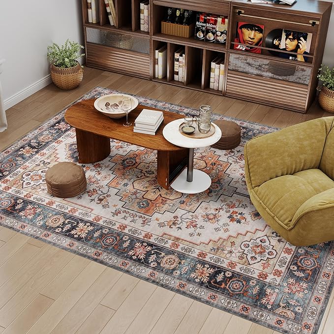 HOMCOM Washable Area Rug, 8'x10' Vintage Indoor Distressed Carpet, Retro Floor Cover Foldable, Floral Print Mat for Living Room, Bedroom, Dining Room, Tawny Brown