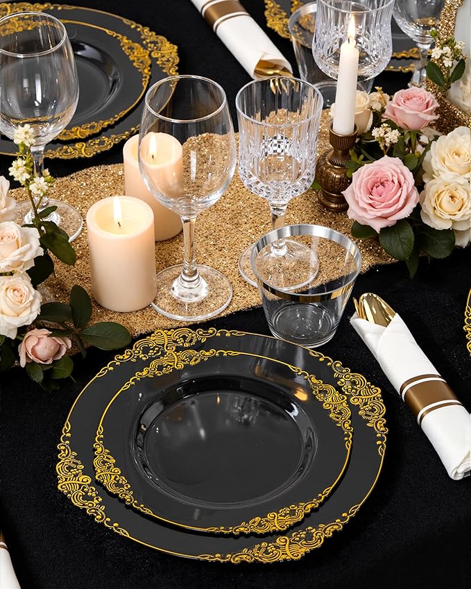 Nervure 100PCS Black and Gold Plastic Plates - 10.25Inch Black Disposable Plates - Black Plastic Dinner Plates for Wedding & Party & New Year