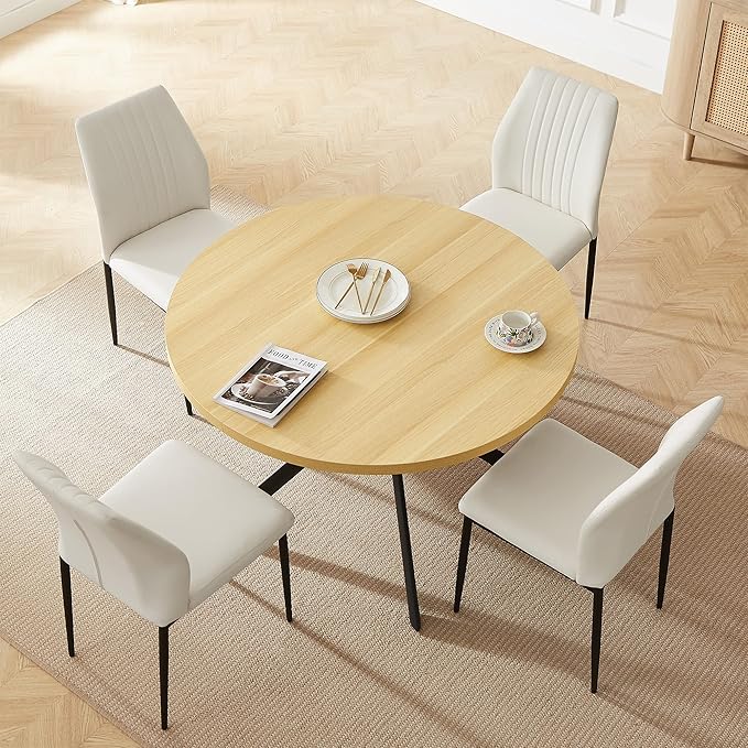 45.3'' Walnut Round Dining Table Set for 4, Mid Century Modern Small Coffee Set for Dining Room Kitchen Apartment (Cream Table + 4 White Chairs)