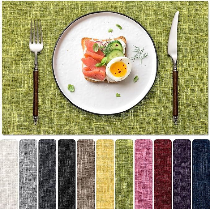 Blue Forest Placemats Set of 8, Dual-Layered Thickened Faux Linen Cloth Place Mats Heat Resistant Machine Washable Wrinkle Free Table Mats Indoor/Outdoor (Lime Green)