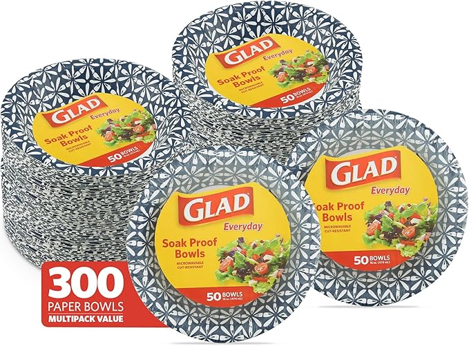 Glad Disposable Paper Bowls With Blue Mosaic Design, 16 Ounces, Soak Proof, Cut-proof, Microwaveable, 300 Count