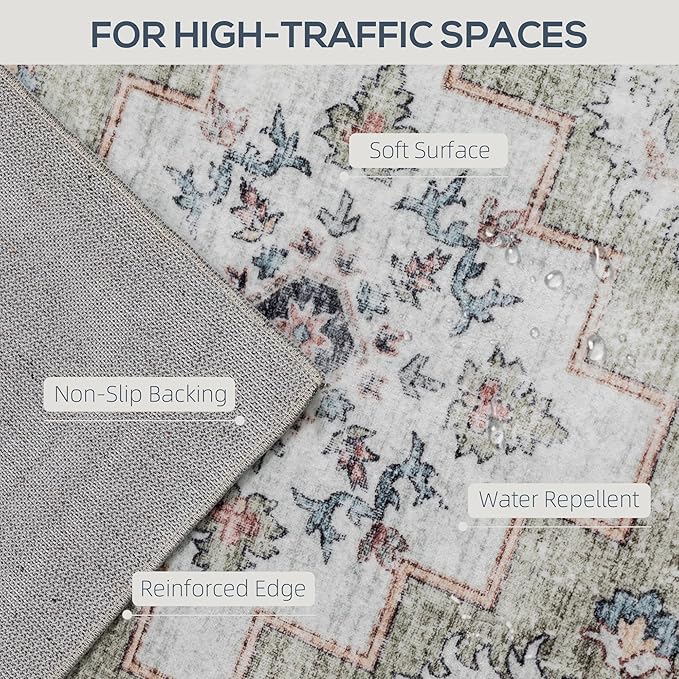HOMCOM Washable Area Rug, 8'x10' Vintage Indoor Distressed Carpet, Retro Floor Cover Foldable, Floral Print Mat for Living Room, Bedroom, Dining Room, Brown and Green