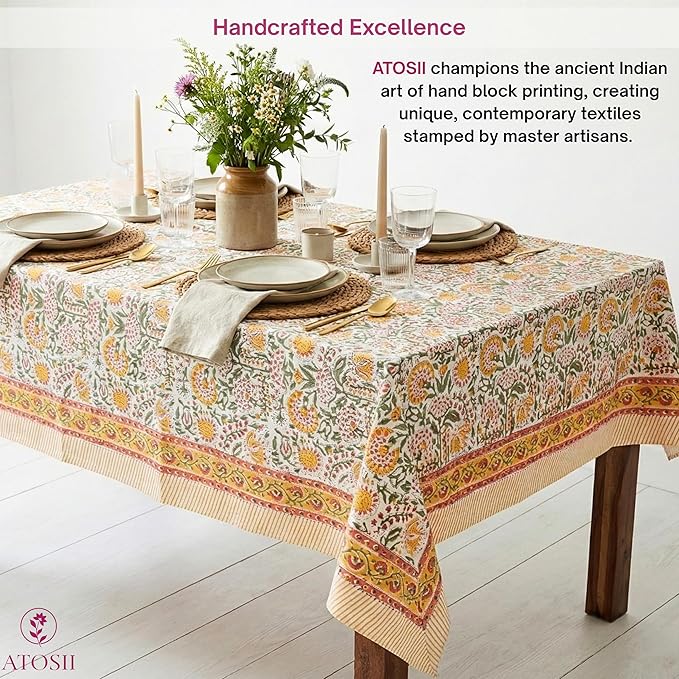 ATOSII Clover Yellow 100% Cotton Rectangle Fall Tablecloth, Handblock Floral Print Linen Table Cloth for Kitchen Dining I Parties, Weddings, Outdoors, Christmas, Thanksgiving Decor 60 X 108 Inches