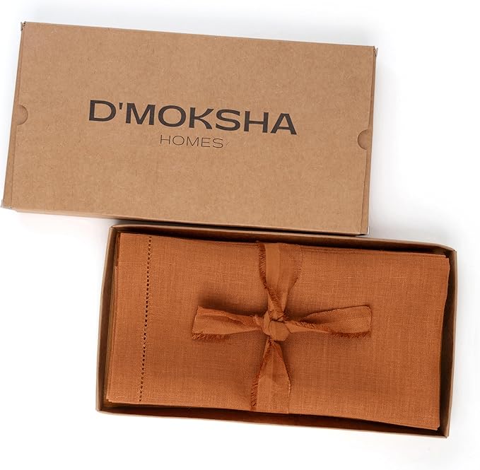 D'Moksha Homes Rust Linen Napkins Set of 4 - Classic Hemstitch 100% Pure Linen Hemstitch Dinner Napkins 20 x 20 Inch for Spring, Easter - Handcrafted and Machine Washable