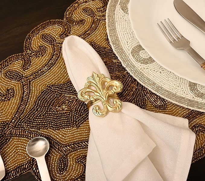 Premium Metal Napkin Rings Set of 12 - Fleur-de-Lis Napkin Holders for Dining Table, Weddings, and Special Events - Elegant Table Décor for Home & Restaurants (Gold) - CLEENTABLE