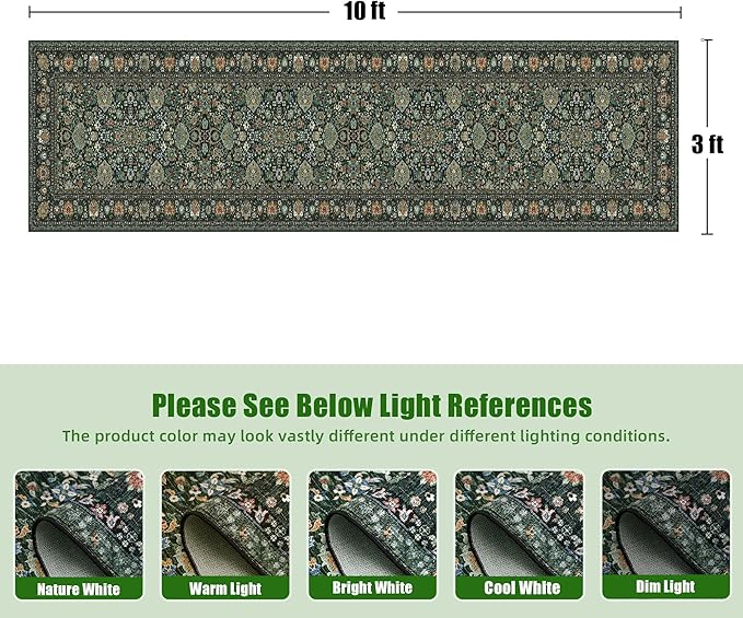 Runner Rugs 2x10 Boho Small Washable Area Rugs for Entryway Bathroom Kitchen, Long Rugs for Hallway Soft Low Pile Non-Slip Rubber Backing Oriental Dark Green