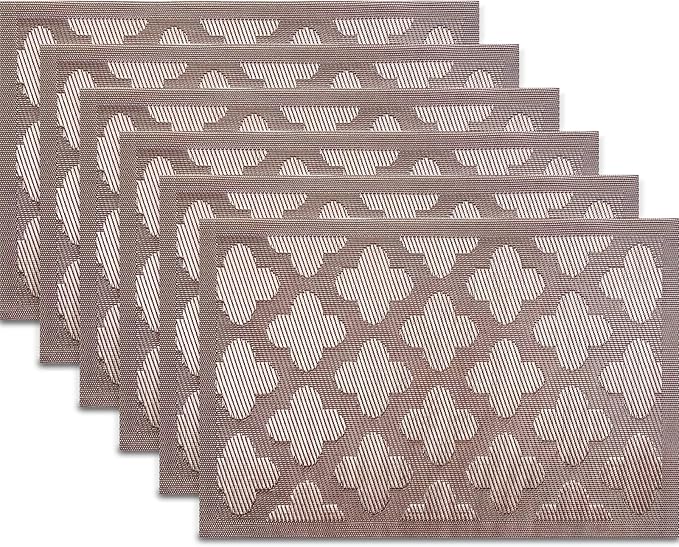Elegant Placemats Vinyl Woven Heat-Resistant Placemats Set of 6 Washable Easy to Clean Table Mats for Dining Room and Decorate (Champagne)
