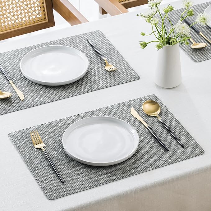 Jovono Faux Leather Placemats Set of 4, Waterproof Washable Table Mats, Easy-Clean Heat Resistant Kitchen Vinyl Place Mat for Dining Table, Restaurant, Indoor, 17.8"x11.8", Light Gray