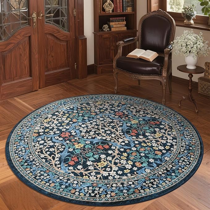 GarveeHome Dark Blue Floral 4 ft Round Rug Washable Non-Slip Soft Low Pile Small Circle Carpet Vintage Rugs for Kitchen Bedroom Nursery Dining Living Room