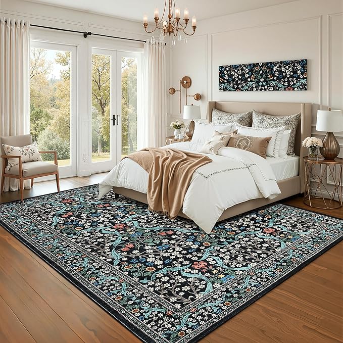GarveeHome Floral Area Rugs 5x7, Washable Rug for Living Room, Bedroom, Low Pile Non Slip Stain Resistance Indoor Boho Carpet Mat for Farmhouse, Dining Room, Office, Black