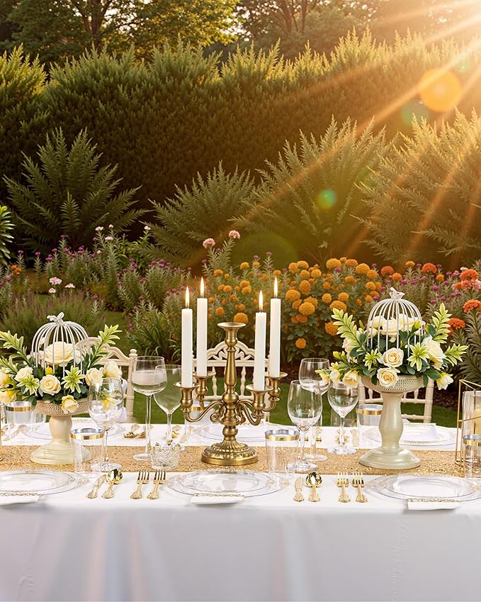 Nervure 100PCS Clear and Gold Plastic Plates - 7.5inch Clear Disposable Plates - Heavyweight Gold Plastic Plate - Dessert Plate for Wedding & Party
